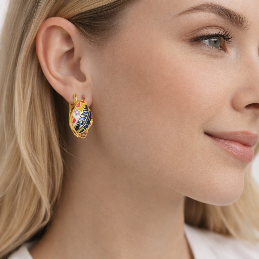 Gold Enamel Leaf Earrings Colorful Floral Small Hoop Leverback